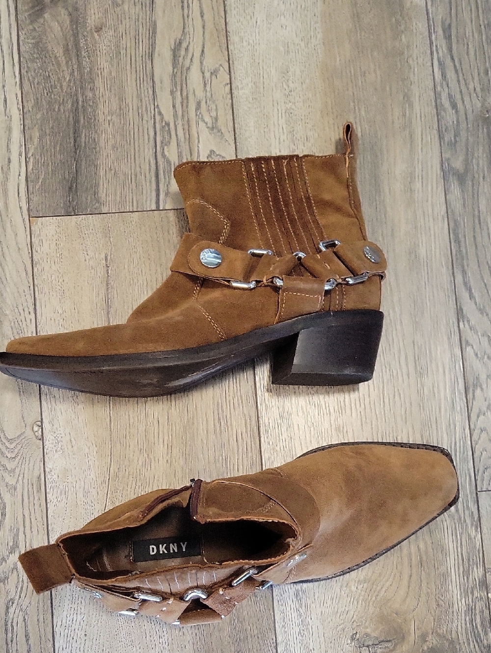 DKNY Chestnut Brown Suede Harness Ankle Booties
